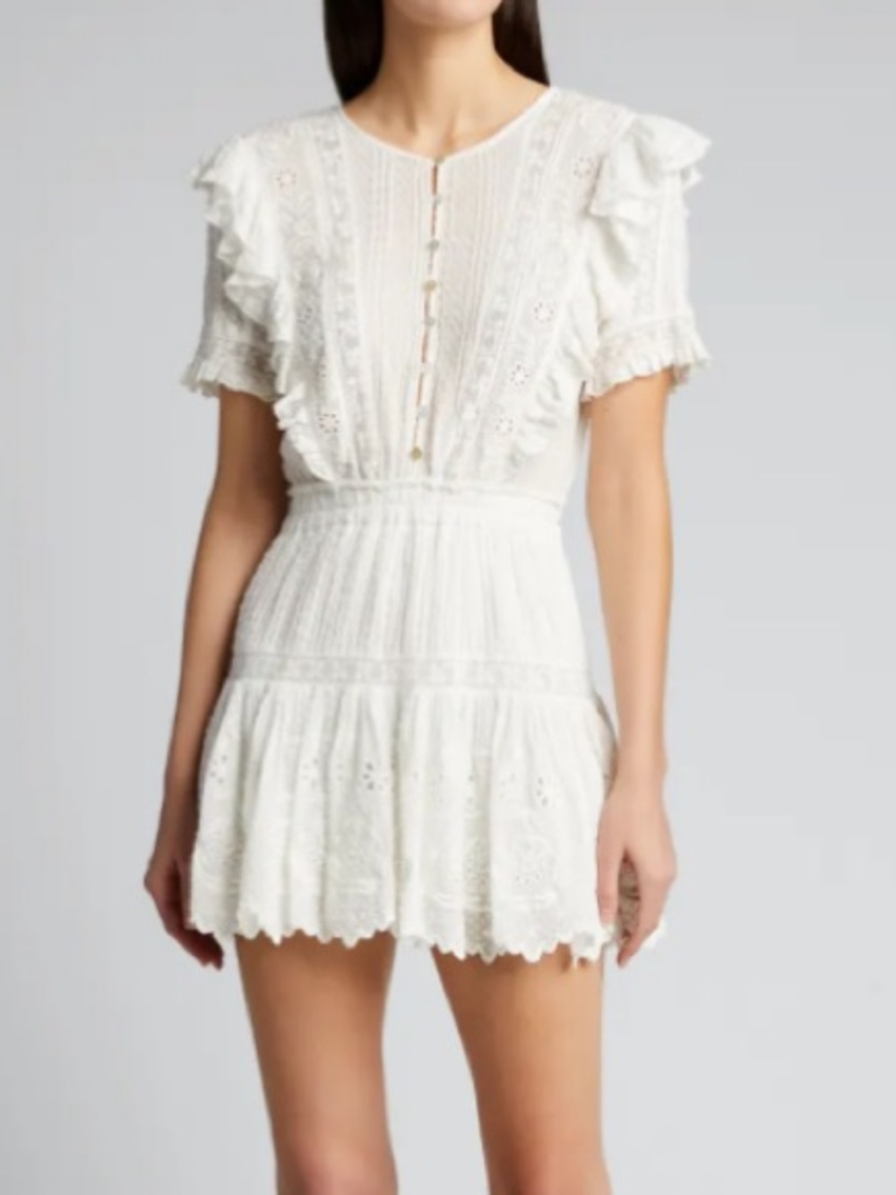 Love Shack Fancy Sheldon Cotton White Eyelet Tiered Mini Dress Sz Small Coquette
